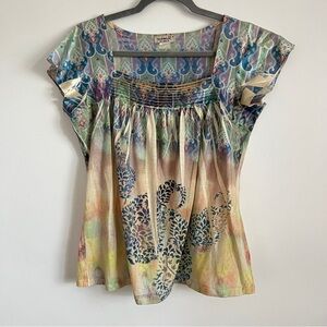 One World Live and Let Live Boho Floral Top Size Medium Artsy Blouse